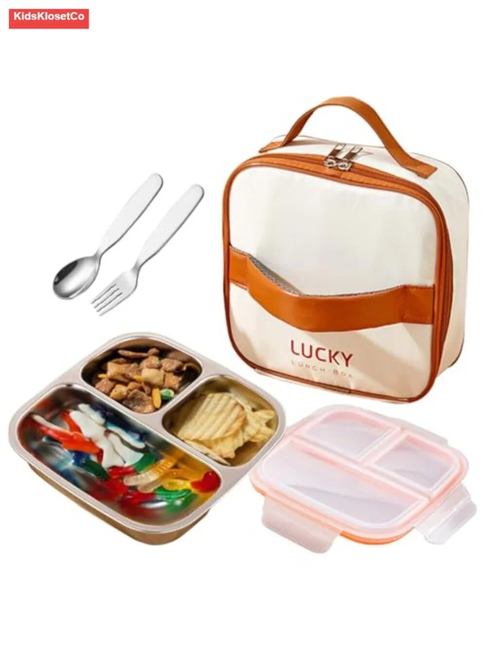 304 Stainless Steel 3-Compartment Bento Lunch Box with Leak-Proof Lid, Spoon &